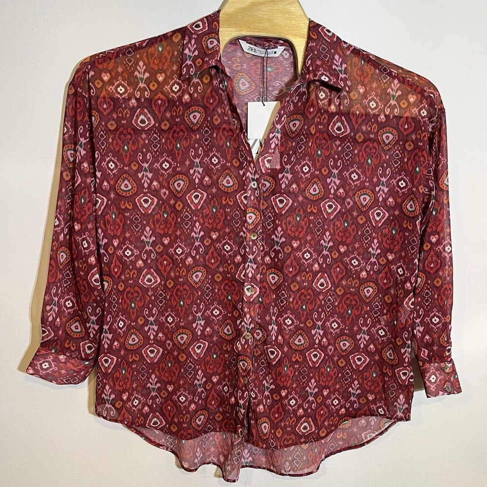New Zara Women's XL Red Sheer Button Up‎ Blouse Aztec Santa Fe Loose Lagenlook